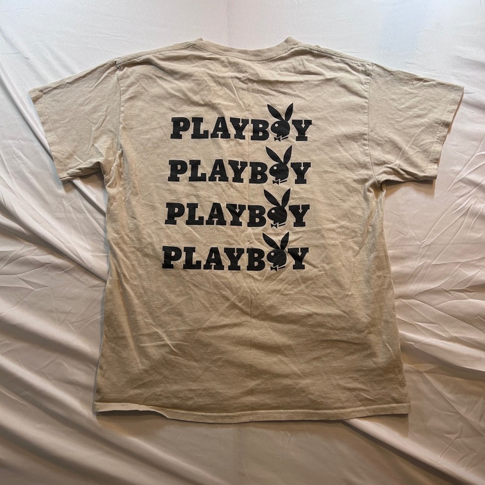 Playboy Mens Graphic T-Shirt Tan Khaki Bunny Logo Stacked Back Print Large L